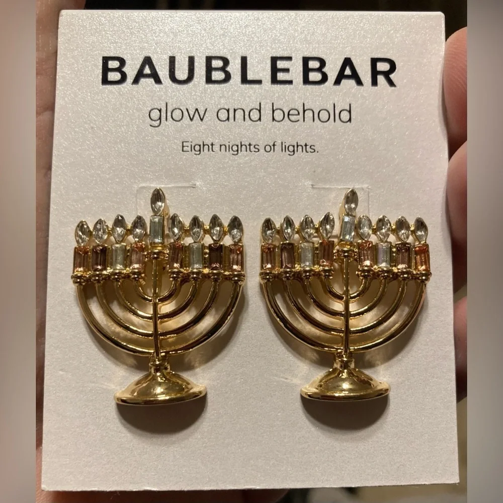 BAUBLEBAR ‘Glow and Behold’ Golden Menorah Earrings with Crystal Flames NEW NWT